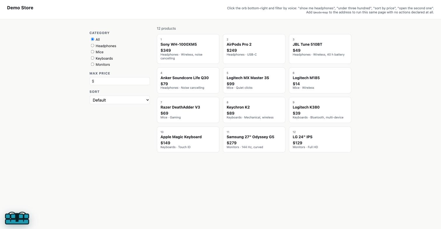 The demo store showing all twelve products, before a category filter is spoken