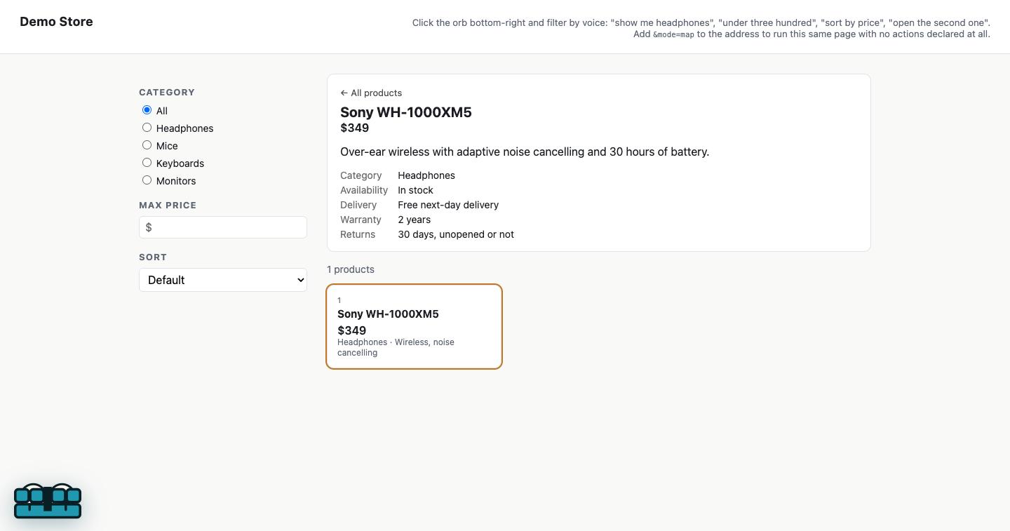 A single product's detail page opened by voice, shown beside the still-filtered results list