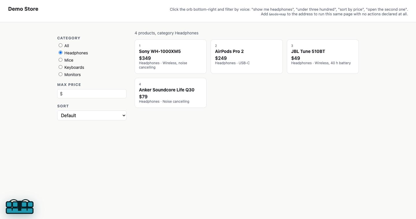 The demo store after the category filter narrowed the list to four headphones, with no page reload