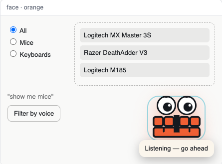 The orange face in its listening state, with a teal ring around it and the caption Listening — go ahead