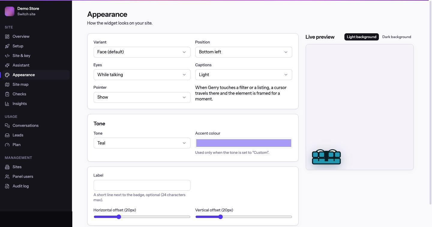 The Appearance panel screen: variant, position, eyes, captions and pointer selects on the left, tone and accent colour below, and a live preview of the widget on the right