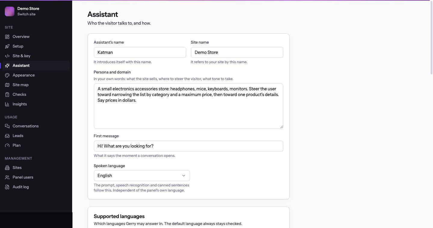 The Assistant screen: assistant's name, site name, persona and domain text area, first message, and spoken language