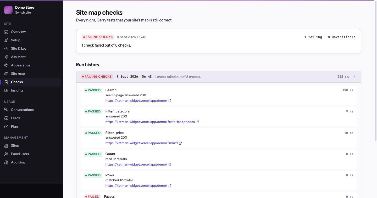 A single check run expanded, showing each item — search, two filters, count, rows, and a failed facets item — with its status, detail sentence and the URL that was tried