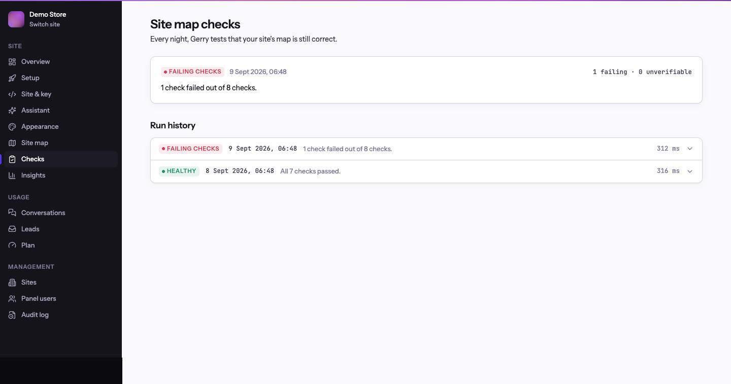 The Checks screen showing the latest run as Failing checks with one failing item, and a run history list below it with an earlier Healthy run
