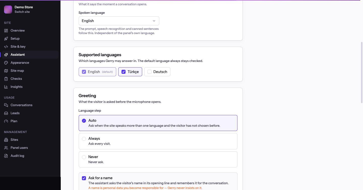 The Assistant screen's Supported languages checkboxes (English default, Türkçe checked, Deutsch unchecked) and Greeting section with the language-step choice set to Auto and Ask for a name checked