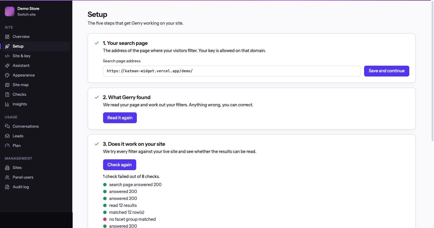 Setup steps 1 to 3 in the panel: search page address, what Gerry found, and the results of checking every filter against the live site