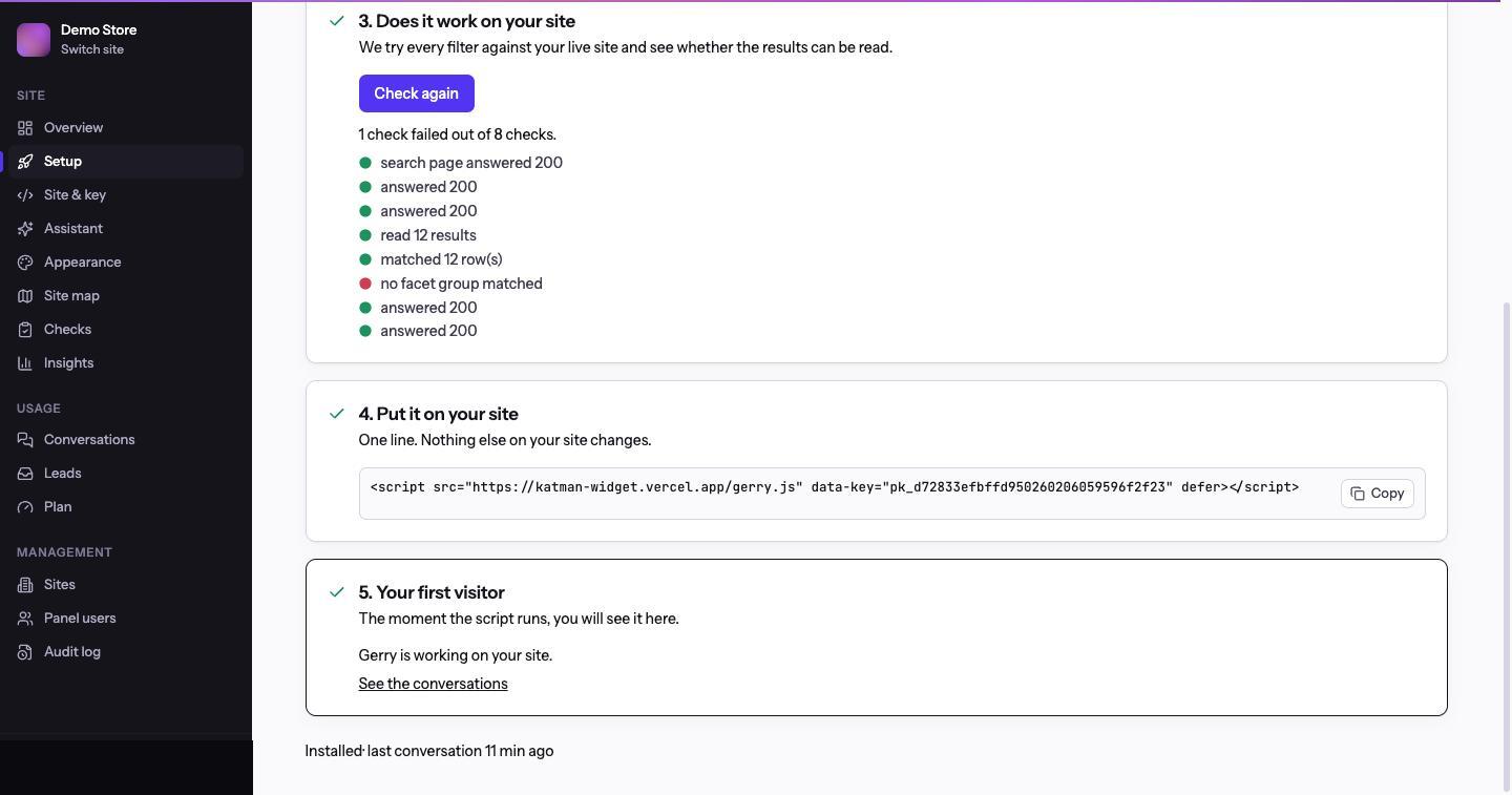 Setup steps 3 to 5: the check detail list, the install snippet with the site's key in it, and confirmation that the first visitor has been seen