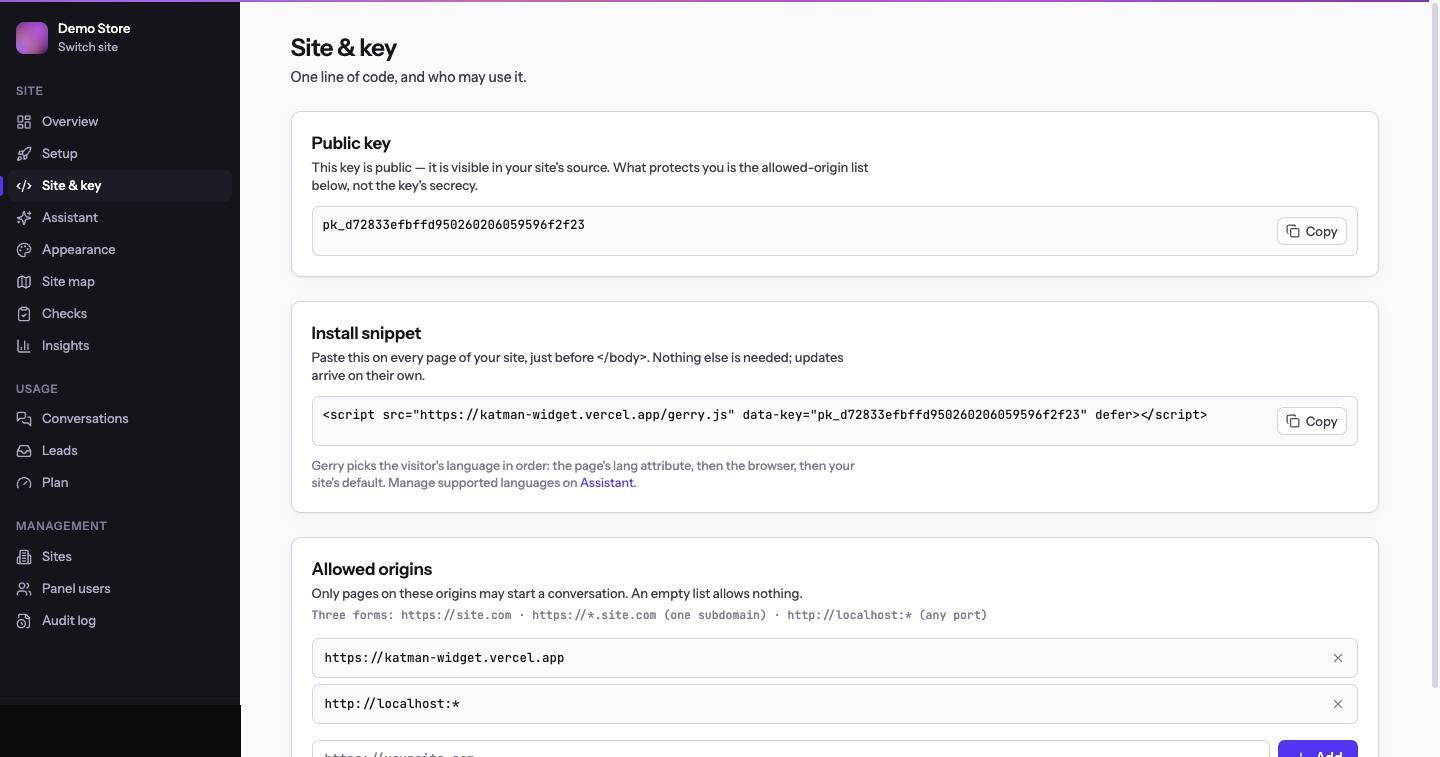 The Site and key screen: the public key, the install snippet, and the allowed-origin list