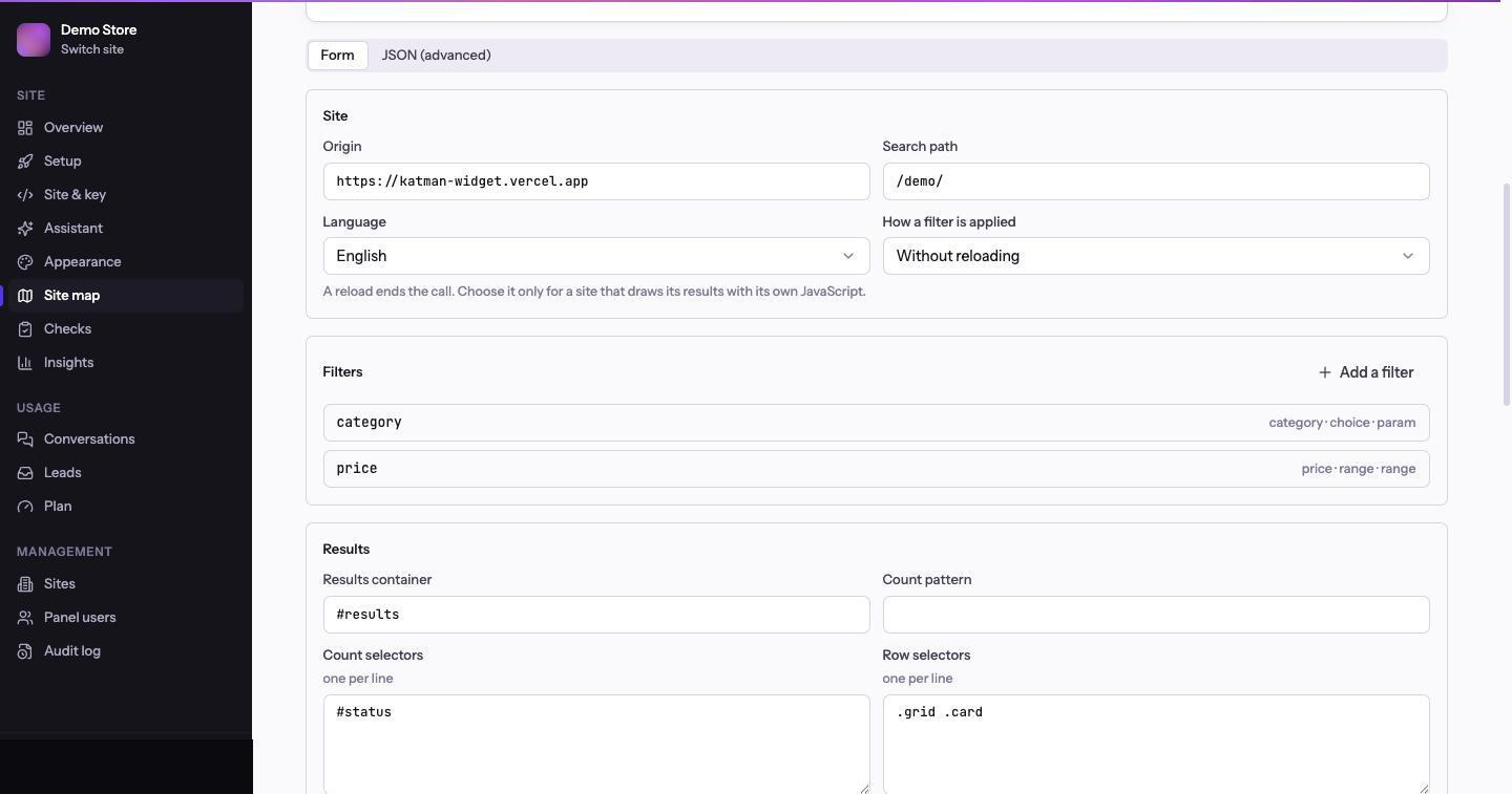 The site map's Form tab: origin, search path, language, how a filter is applied, the two filters, and the results container, count and row selectors
