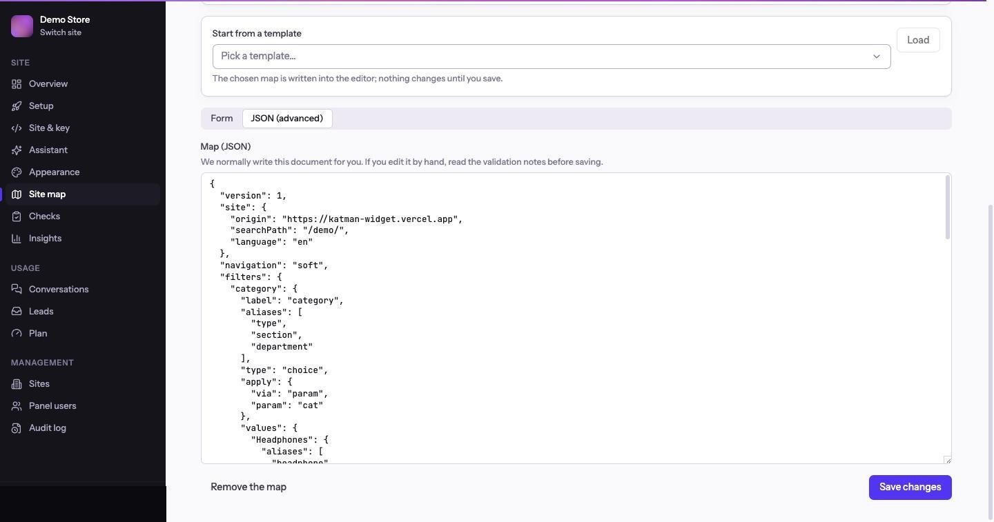 The site map's JSON tab, showing the raw document with a Save changes button and a Remove the map link