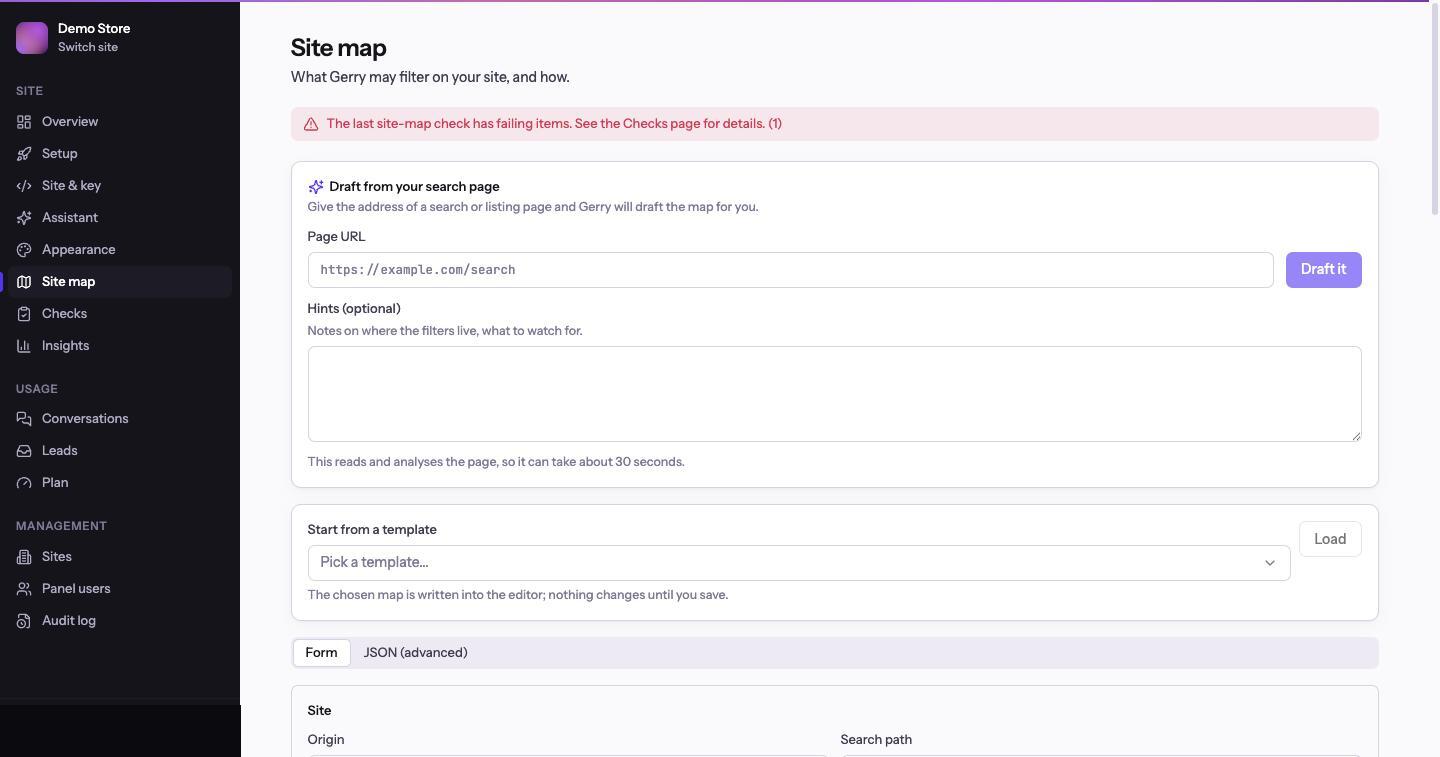 The top of the Site map screen: a Draft from your search page URL field, a Start from a template picker, and the Form and JSON tabs below